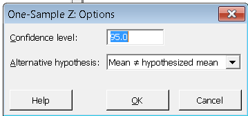 Minitab options for one-sample z-test
