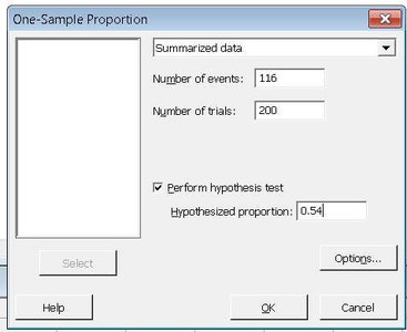 Minitab one-sample proportion input for student debt