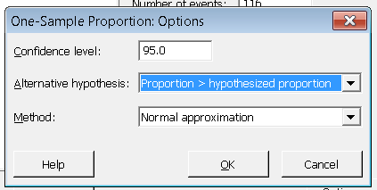 Minitab options for one-sample proportion test