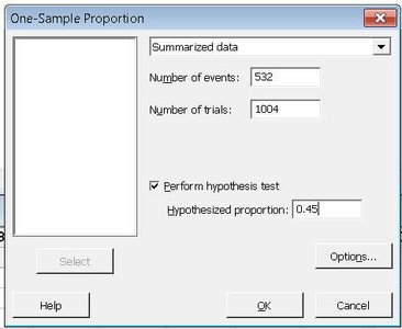 Minitab one-sample proportion input for global warming