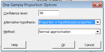Minitab options for one-sample proportion test
