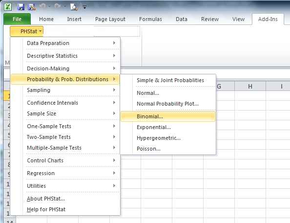 PHStat menu for binomial distribution