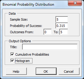 PHStat binomial probability dialog box