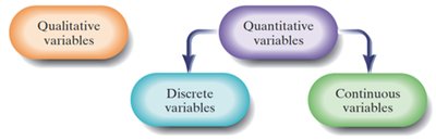 Diagram showing classification of variables: qualitative, quantitative, discrete, continuous