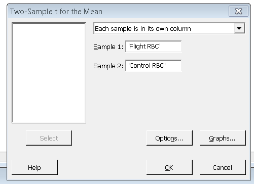 Minitab dialog for two-sample t-test: Flight RBC vs Control RBC