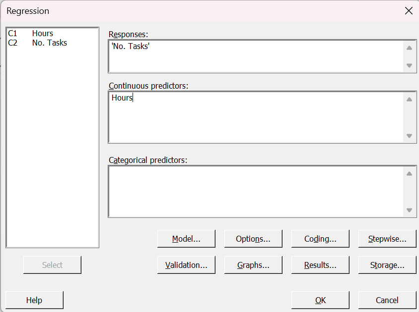 Minitab regression dialog