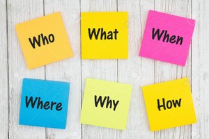 Who, What, When, Where, Why, How sticky notes
