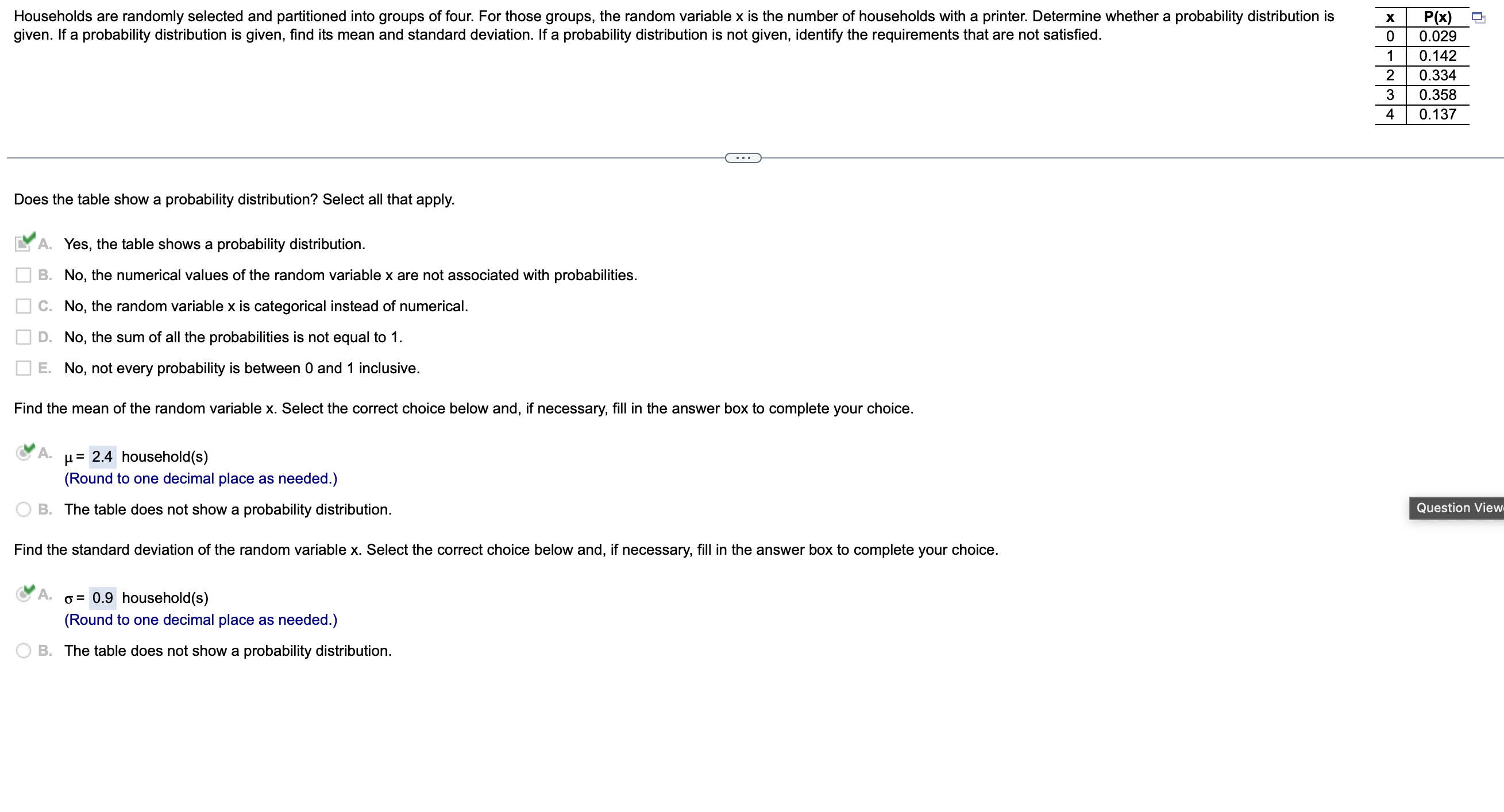 Probability distribution table for households with printers
