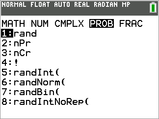 Calculator probability menu showing nPr, nCr, and factorial options