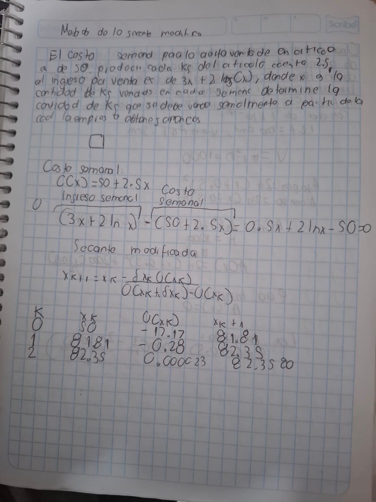 Handwritten notes showing the secant method applied to a profit maximization problem