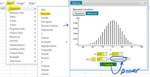 StatCrunch binomial probability calculation for 100 trials