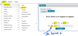 StatCrunch binomial probability calculation for at least two