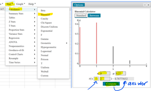 StatCrunch binomial probability calculation for fewer than two