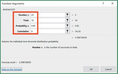 Excel binomial probability function arguments