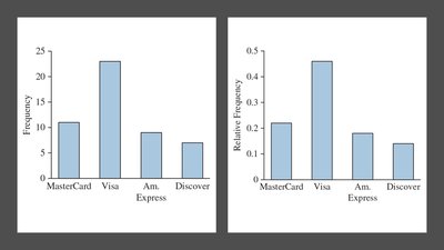 Frequency and relative frequency bar graphs for credit card data