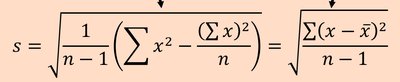 Table for standard deviation calculation