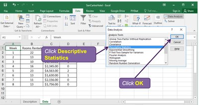 Selecting Descriptive Statistics in Excel Data Analysis