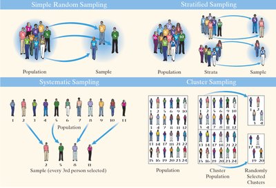 Sampling methods: simple random, stratified, systematic, and cluster sampling