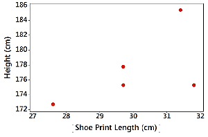 Scatterplot of shoe print length and height (small sample)