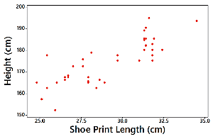 Scatterplot of shoe print length and height (large sample)