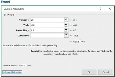 Excel cumulative binomial probability for 251 or fewer wins in 460 trials