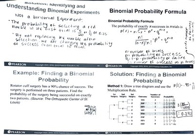 Handwritten notes and tree diagram for binomial probability and non-binomial example