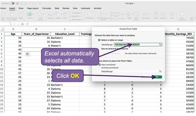 Excel automatically selects all data for Pivot Table