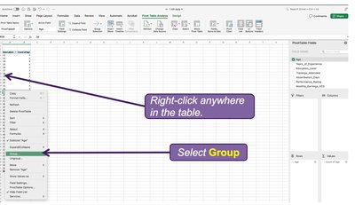 Right-click and select Group in Pivot Table