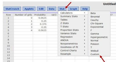 StatCrunch menu for probability calculations