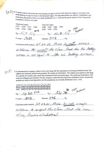 worksheet showing t-test for mean batting averages