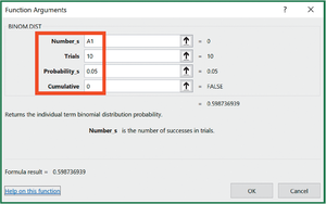 Excel BINOM.DIST function arguments