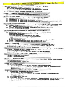 Math 2193 - Elementary Statistics First Exam Review topics and chapter breakdown