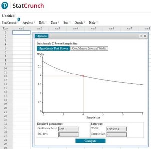 StatCrunch output for sample size determination for a mean