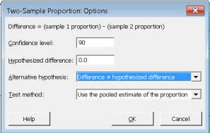 Two-sample proportion options dialog