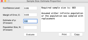 Sample size calculation dialog with estimate of p = 0.8