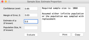 Sample size calculation dialog with estimate of p = 0.5