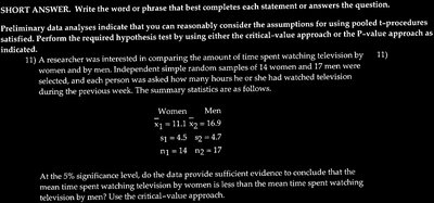 summary statistics for women and men watching television