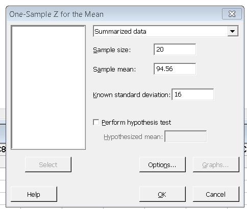 Minitab dialog for one-sample Z for the mean