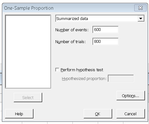 Minitab dialog for one-sample proportion