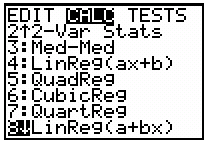 Calculator menu showing regression options