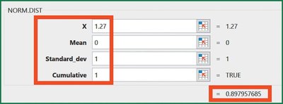 Excel NORM.DIST output for z = 1.27