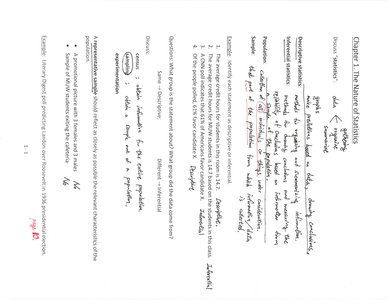 Handwritten notes defining statistics, population, sample, parameter, and statistic