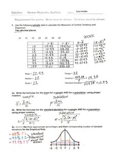 Table of sample data with calculations for mean, median, mode, range, variance, and standard deviation