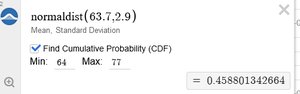Desmos CDF for P(64 <= X <= 77)
