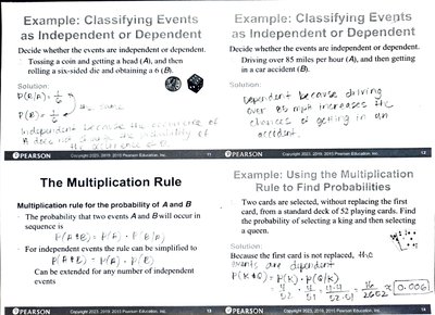 Examples of classifying events as independent or dependent, multiplication rule, and probability calculation for card draws