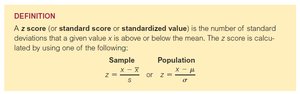 Definition of z score, with formulas for both sample and population: z = (x - x̄) / s for a sample, and z = (x - μ) / σ for a population.