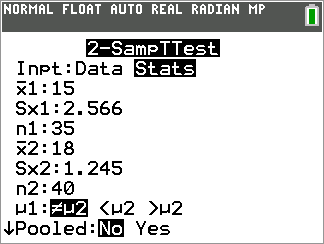 Calculator Input for 2-SampTTest