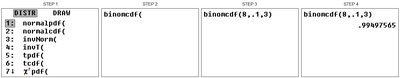 TI-83/84 calculator steps for binomcdf function