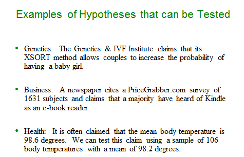 Examples of hypotheses that can be tested