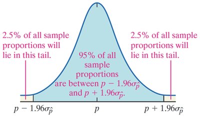 Normal distribution showing 95% of sample proportions within 1.96 standard errors of p